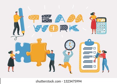 Vector cartoon illustration of people in work. Searching for new ideas solutions, working together in the company. Tiny People with big calculator, binocular, pencil, hourglass.