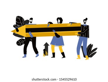 Vector cartoon illustration of peoples are holding pencil. Characters isolated on white background. Writer, bloggers, journalists, interviewer, screenwriter, copywriter, author, draftsman.