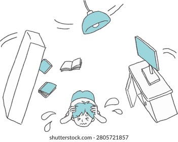 Vector cartoon illustration of a person cowering and protecting their head during an earthquake. Bookshelf, cabinet, and TV are falling over, and a ceiling lamp is shaking. Concept for disaster safety and emergency preparedness.
