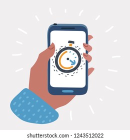 Vector cartoon illustration of phone with app alarm or timer clock on the screen phone holding human hand. Mobile technologies concept.