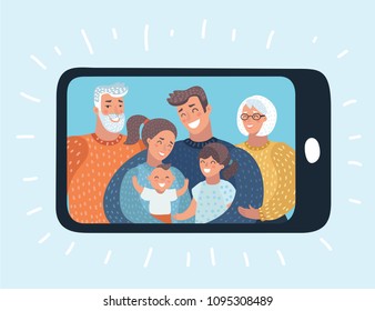 Vector Cartoon Illustration Of Photo Gallery On Mobile Phone, Photo Album On Smartphone Phototypography Of Family On Cellphone, Video Call Or Chat. Three Generation Pic Of Relatives. 