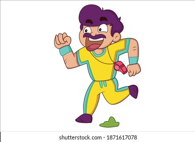 Vector cartoon illustration. Physical education teacher is jogging. Isolated on a white background.