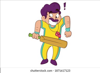 Vector Cartoon Illustration. Physical Education Teacher Is Holding A Cricket Bat In Hand. Isolated On A White Background.