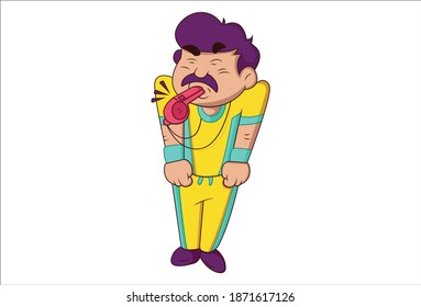 Vector cartoon illustration. Physical education teacher is whistling. Isolated on a white background.