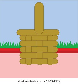 Vector cartoon illustration of a picnic basket standing over a red blanket on the grass. For jpeg version, please see my portfolio.