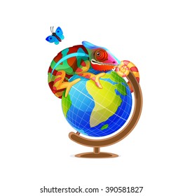 vector Cartoon illustration picturesque chameleon sitting on globe. Colorful print art. Clip art isolated on white background. EPS 10 without mesh
