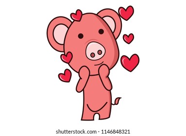 Vector cartoon illustration of pig with red hearts. Isolated on white background.