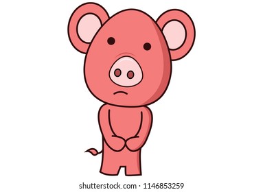 Vector cartoon illustration of pig sad expression. Isolated on white background.