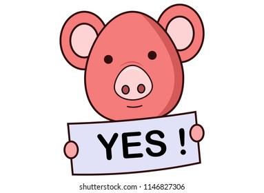 Vector cartoon illustration of pig is saying yes through paper. Isolated on white background.