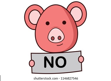 Vector cartoon illustration of pig is saying no through paper. Isolated on white background.