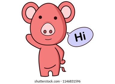 Vector cartoon illustration of pig is saying hi. Isolated on white background.