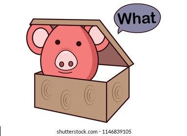 Vector cartoon illustration of pig sitting in box and ask what. Isolated on white background.