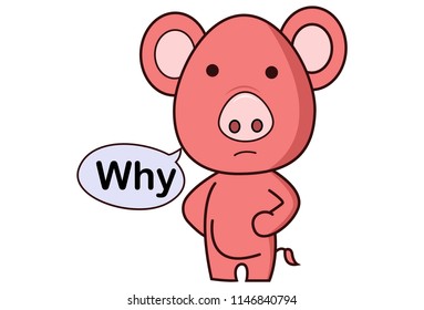 Vector cartoon illustration of pig is standing and ask why. Isolated on white background.