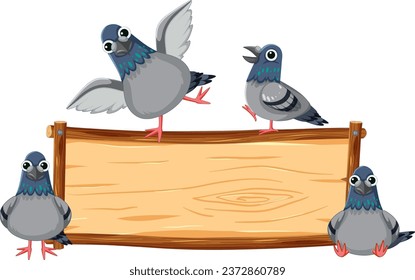 Vector cartoon illustration of pigeons gathered near a wooden sign