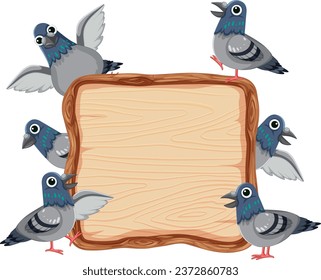 Vector cartoon illustration of pigeons standing at a signboard