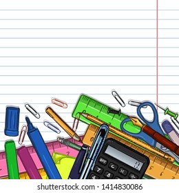 Vector Cartoon Illustration - Pile of Stationery with Cope Space on Lined Paper Background