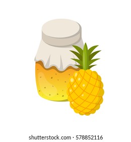 Vector cartoon illustration with pineapple jam jar. Sweet jelly marmalade glass bottle. Homemade sugar preserves icon. Fruit food object