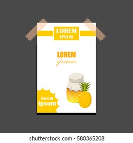 Vector cartoon illustration with pineapple jam jar. Sweet jelly marmalade glass bottle. Homemade sugar preserves icon. Fruit food object