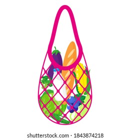 Vector cartoon illustration of pink grocery string bag or turtle mesh bag with healthy food isolated on white background. Caring for the environment concept. Eco-food shopping.