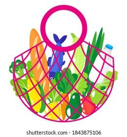 Vector cartoon illustration of pink grocery string bag or turtle mesh bag with organic food isolated on white background. Caring for the environment concept. Eco-food shopping.