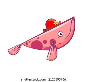 vector cartoon illustration of pink love whale.