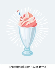 Vector cartoon illustration of pink milkshake in glass with whipped appetizing cream and straw