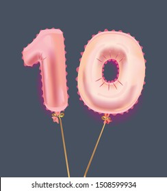 Vector cartoon illustration of pink number 10 air balloon birthday card template on dark. Celebration anniversary. Ten years.