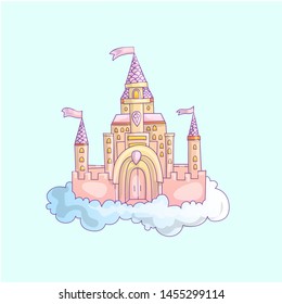 vector cartoon illustration of pink princess magic castle in clouds. pink princess magic castle in blue clouds, with flags and torrets, pastel pink color. Cute cartoon princess castle illustration