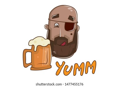 Vector cartoon illustration of pirate with beer mug and yum text. Isolated on white background.