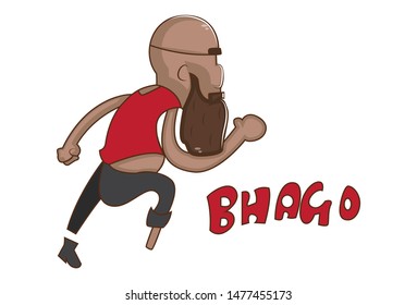 Vector cartoon illustration of pirate. Bhago Hindi text translation - run. Isolated on white background.