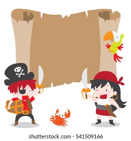 A vector cartoon illustration of a pirate boy and girl with treasure chest and parrot for pirates party theme blank copyspace in treasure map. Ideal for party invitations, kid poster and more. 