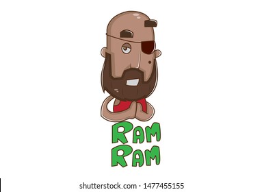 Vector cartoon illustration of pirate greeting hands. Lettering text ram ram.  Isolated on white background.