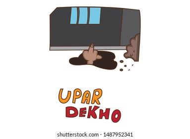 Vector cartoon illustration of pirate hand. Upar dekho text translation - look up.  Isolated on white background.