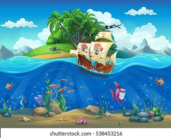 Vector cartoon illustration of a pirate ship on a background of a tropical island in the ocean among fish, molluscs, coral, crabs on the sandy bottom.