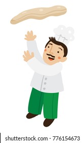 Vector Cartoon Illustration Of A Pizza Chef Throwing Dough Up In The Air Isolated On White Background