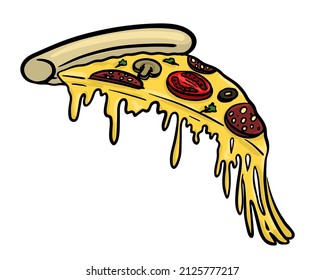 Vector cartoon illustration of a pizza pepperoni with mushrooms and tomatoes