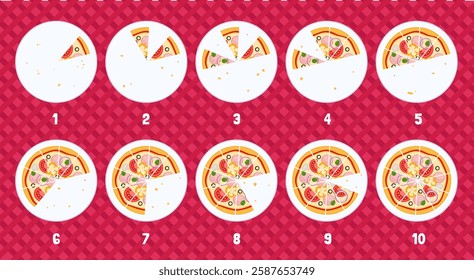 Vector cartoon illustration of pizza slices. Educational material for children. Studying the account.
