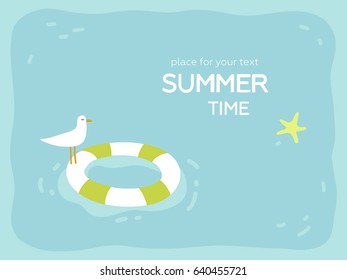 Vector cartoon illustration. Place for your text. Summertime travel poster. Having fun in the sea. The seagull sits on the rescue ring. Holiday 