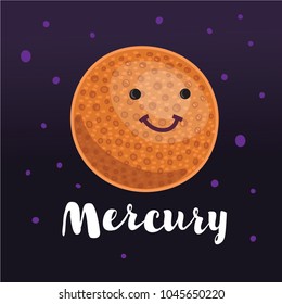 Vector cartoon illustration planeElement of solar system. Hand drawn lettering name. Dark space stary background behind. Poster for children room, education.