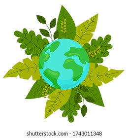 Dibujo de dibujos animados del planeta Tierra. Icono para sitio web o aplicación. El mapa del mundo en círculo deja el fondo. Concepto de salvar la naturaleza, respetuoso con el medio ambiente. Usando lo natural, salvar el planeta del plástico