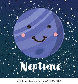 Vector cartoon illustration planet smiling funny face Neptune in retro flat cartoon style. Poster for children room, education on stars dark sky space background. Hand drawn lettering name.