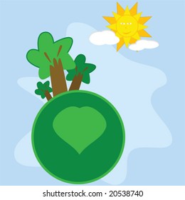 Vector cartoon illustration of a planet with trees and a heart expressing love for nature