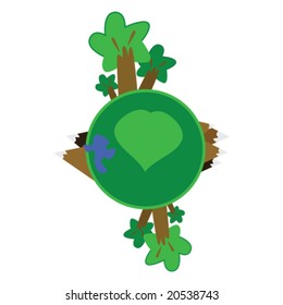 Vector cartoon illustration of a planet with trees, mountains and a lake, with a heart expressing love for nature