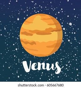 Vector cartoon illustration of planet Venus on space dark sky star background. Hand drawn lettering name