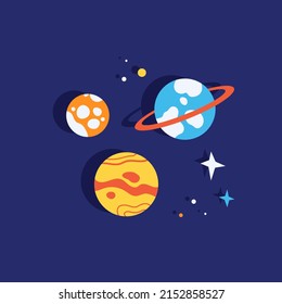 Vector cartoon illustration of planets and stars. Space composition.