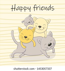 Vector cartoon illustration of playing kittens happy friends