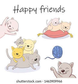 Vector cartoon illustration of playing kittens happy friends