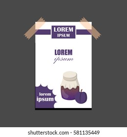 Vector cartoon illustration with plum jam jar. Sweet jelly marmalade glass bottle. Homemade sugar preserves icon. Fruit food object