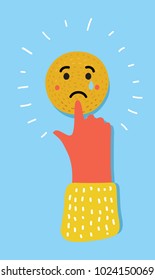 Vector cartoon illustration of pointing finger human hand push on cry face smile icon. Colorful funny concept