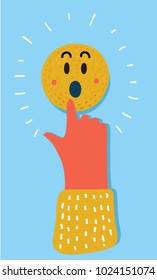 Vector cartoon illustration of pointing finger human hand push on wondering face smile icon. Colorful funny hand drawn modern concept